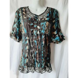 Larry Levine lace petite Medium turquoise brown button front blouse